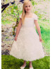 A-line Straight Neck Rosette Ankle Length Flower Girl Dress With Beaded Sash